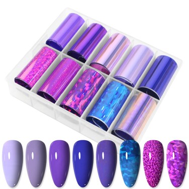 JERCLITY 10 Rolls Purple Nail Foil Transfer Sticker Kit Nail Foil Sheets Purple Solid Color Foil Nail Art Decals Nail Foil Transfer Stickers Foil Nail Wraps for Foil Nail Art