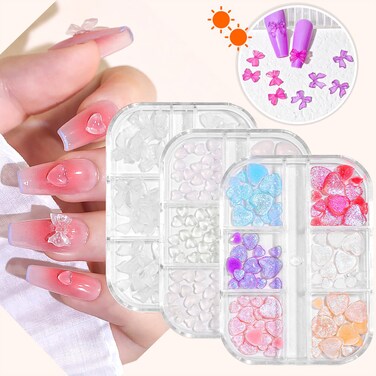JERCLITY 3 Boxes Light Change 3D Bow Tie &amp; Heart Charms for Acrylic Nails - Aurora Colorful Resin Design