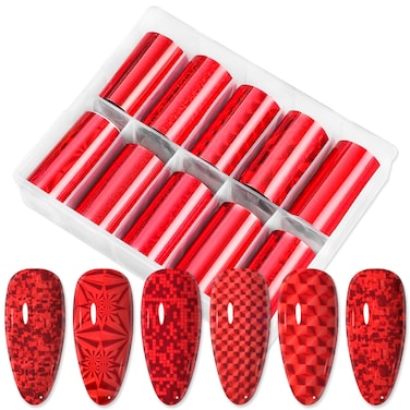 JERCLITY 10 Rolls Red Nail Foil Transfer Sticker Kit Nail Foil Sheets Red Solid Color Foil Nail Art Decals Nail Foil Transfer Stickers Foil Nail Wraps for Foil Nail Art