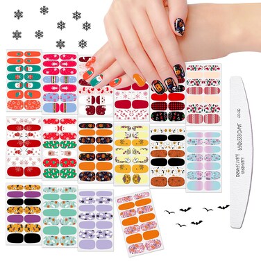 JERCLITY 224 Pieces 16 Sheets Halloween Full Wraps Christmas Nail Polish Strips Self-Adhesive Nail Strips Nail Polish Wraps Real Nail Polish Stickers with Nail File for Women Holiday Nail Art