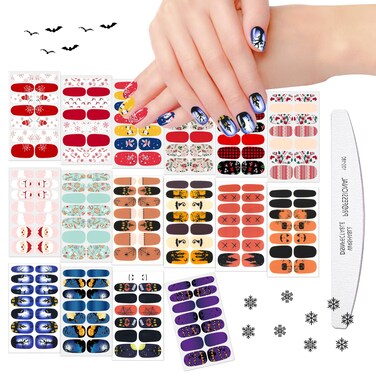 JERCLITY 224 Pieces 16 Sheets Holiday Nail Full Wraps Set Halloween Nail Polish Strips Self-Adhesive Christmas Nail Polish Stickers Full Nail Wraps for Women Holiday Nail Art with Nail File