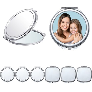 Jetec 6 Pcs Sublimation Blanks Compact Mirror Bulk Transfer Folding Pocket Makeup Double Sided Handheld Mirror Round Square Sublimation for Purse Travel