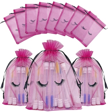 100 Pack Eyelash Aftercare Bags Eye Lash Makeup Bags Drawstring Mesh Empty Beauty Gift Bags Cosmetic Bag Organza Pouch for Women Girls Makeup Jewelry Supplies, Rose Plus Black, 5 x 7 Inches,