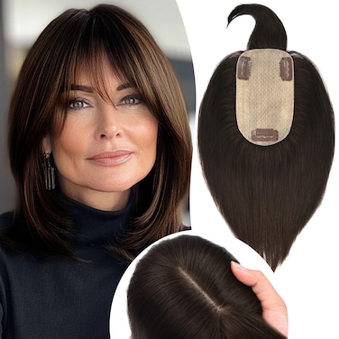 JGS1996 Hair Toppers for Women Real Human Hair Topper with Bangs Hair Clip in Wiglets Hairpieces 3.9x4.7 Silk Base Wig Toppers for Thinning Hair 150% Density Remy Hair Pieces #2 Dark Brown