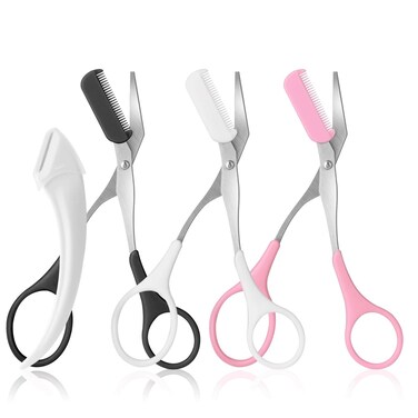 3pcs-Eyebrow Scissors with Eyebrow Razor,Professional Eyebrow Trimmer Scissors with Comb,Non Slip Finger Grips Eyebrow Trimmer,Hair Removal Beauty Accessories for Men Women(Black, white, Pink)