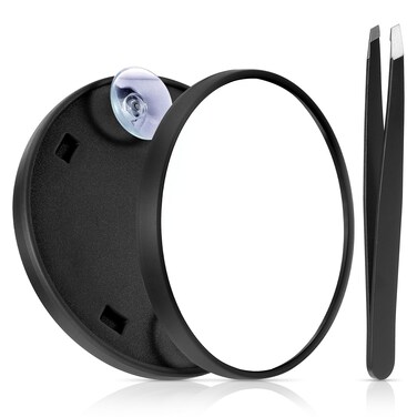 5X Compact Magnifying Mirror, 3.6'' Travel Magnifying Mirror with 2 Suction Cups, 5X Magnification Makeup Mirror with Tweezer Cosmetic Magnified Mirror Handheld Pocket Mirror 5X(Black)