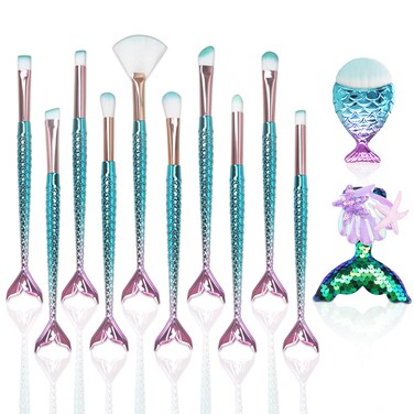 12PCS Makeup Brushes Set with Mermaid Beauty Hair Clip, Mermaid Makeup Brush Cosmetic Brushes Foundation Powder Cream Eyebrow Eyeliner Brow Blending Brush Tool Kids Girls Christmas Makeup Tool set