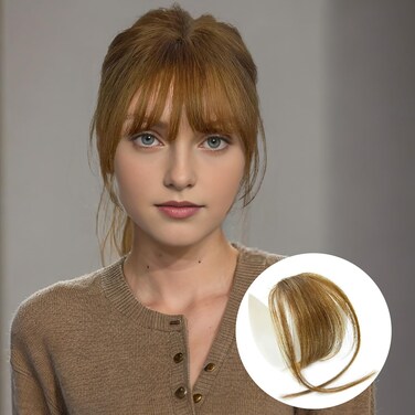 Jijukor Clip in Bangs 100% Human Hair light brown Wispy Clip On Bangs Fringe with Temples for Women Curved Bangs for Daily Wear