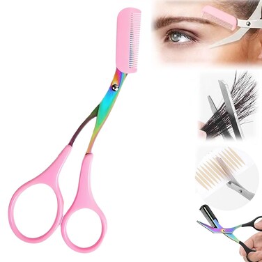 Premium 2 in 1 Non Slip Eyebrow Trimmer Scissors with Comb, Ideal Makeup Tool for Men and Women, Perfect for Precise Hair Removal and Grooming, Pink