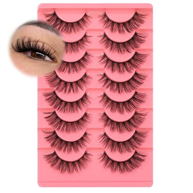 JIMIRE Natural Lashes Fluffy False Eyelashes Natural Look Wispy Faux Mink Lashes Short Cat Eye 15MM False Lashes 8 Pairs Pack