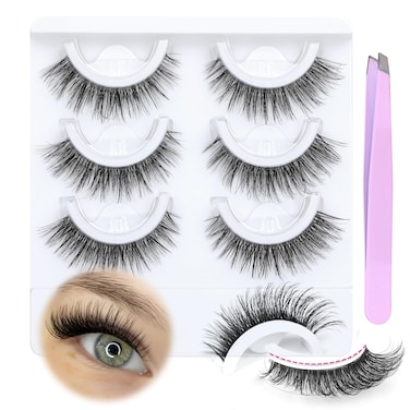 JIMIRE Self-Adhesive Eyelashes Lash Buddy with Clear Band No Glue Needed Mink Lashes Fluffy Natural Look Like Lash Extensions Reusable Wispy Self-Adhesive Lashes with Tweezers 3 Pairs Pack
