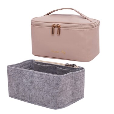 Makeup Bag with Felt Bag Organizer, Travel Portable Cosmetic Bag with Zipper Purse Organizer Insert, Waterproof Beauty Makeup Organizer for Women Girls, Khaki