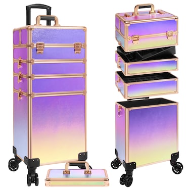 Rolling Makeup Train Case Large Storage Cosmetic Trolley 5 in 1 Large Capacity Trolley Makeup Travel Case with Key Swivel Wheels Salon Barber Case Traveling Cart Trunk, Colorful