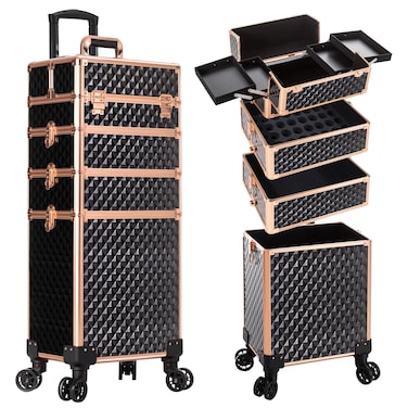 4 in 1 Professional Makeup Train Case Aluminum Cosmetic Case Rolling Makeup Case Extra Large Trolley Makeup Travel Organizer, with 360&deg; Swivel Wheels for Make Up Hairstylists Nail Tech, Black