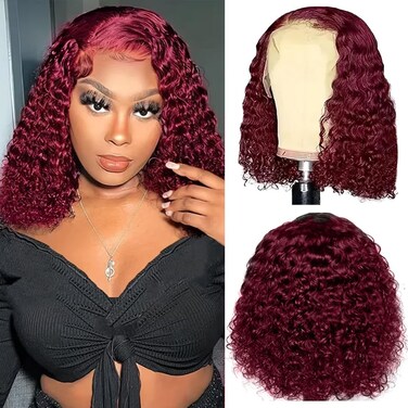 99J Burgundy Lace Front Wigs Human Hair Burgundy Curly Bob Wigs Human Hair 13x4 Lace Front Wigs Short Curly Bob Wigs Deep Curly Lace Front Wigs for Black Women 14 Inch
