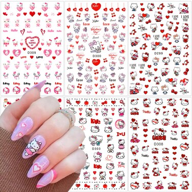 6 Sheets Valentine's Day Heart Cute Nail Art Stickers Cute Cartoon Nail Decals 3D Self Adhesive Red Love Heart Design Nail Stickers Cute Heart Cartoon Nail Charms for Women Acrylic Nail Art Decoration