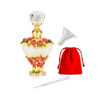 5ml Refillable Crystal Perfume Bottle - Retro Flat Glass Design for Fragrance &amp; Essential Oils (Red Pattern)