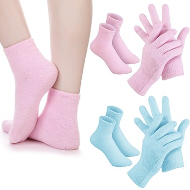 Jiuguva 4 Pairs Moisturizing Gloves Socks Set Gel Aloe Gloves Infused Lotion Gloves Heel Socks for Dry Cracked Feet Women Men (Blue, Pink)