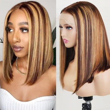 Ombre Bob Wig Human Hair, 4/27 Highlight Honey Blonde Lace Frontal Bob Wigs, 13x4 Lace Front Wig Human Hair, 12A 150% Density Glueless Pre Plucked with Baby Hair for Women (12 Inch)