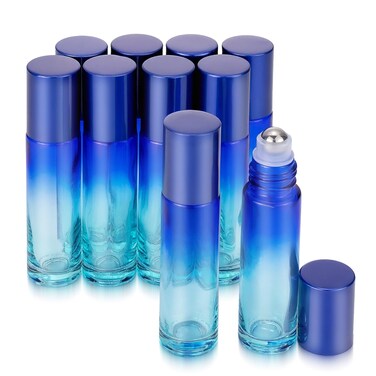 JIUWU 10 Ml Essential Oil Roller Bottle,10 Pack Empty Glass Vials, Blue Gradient Colour Empty Glass jars,Refillable Roller Bottle For Perfume,Travel