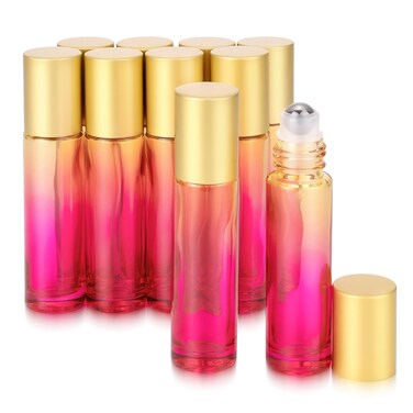 JIUWU 10 Pack 10 mL Essential Oil Glass Roller Bottle,Empty Refillable Yellow-rose Red Gradient Glass Roller Bottle for Perfume,Cuticle