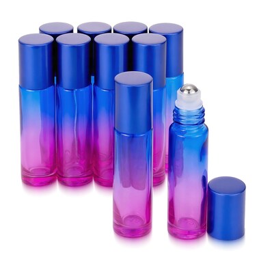 JIUWU 10 Pack 10ML Refillable Glass Roller Bottle,Empty Bule and Purple Roller Bottle for Essential Oil Perfume Cuticle