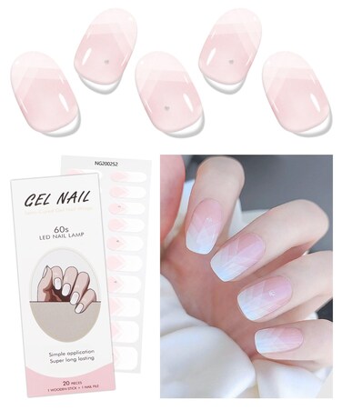 JMEOWIO Gel Nail Stickers Cream Pink French Tip Semi Cured Gel Nail Strips Wraps UV/LED Nail Supplies Nail Art Design Decoration Accessories