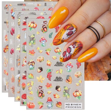 JMEOWIO 6 Sheets Fall Autumn Nail Art Stickers Decals Self-Adhesive Pegatinas U&ntilde;as Pumpkin Maple Leaf Thanksgiving Nail Supplies Nail Art Design Decoration Accessories