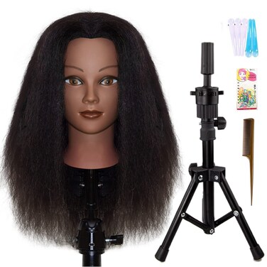 Mannequins Head 16" 100% Real Hair For Manual Braiding Styling Practice Hairdresser Salon Wig Stand Tripod Adjustable With Tool Stand School Manikin Head Cosmetology Doll Head Training Head