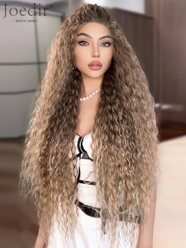 Joedir 32" Long Deep Curly Wavy Lace Front Synthetic Wigs HD Transparent Glueless Lace Wig Heat Resistant Fiber Pre Plucked Hairline with Baby Hair Wig for Women(Ombre Dirty Blond Color)