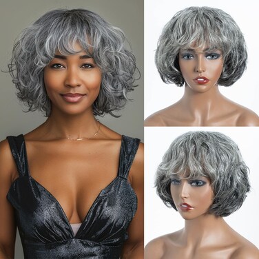Grey Wig Short Grey Wavy Wigs Human Hair with Bangs for Women Short Curly Bangs Wigs Curly Bob Glueless Wig Gray Pixie Cut Salt and Papper Wig Old Lady Wig