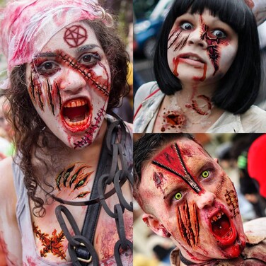 435+ PCS 50 Sheets Halloween Fake Scar Tattoos Sticker, 3D Chucky Stitches Tattoo For Women Men Adult Kids Boys Girls, Fake Blood Wound Cut Zombie Tattoos Halloween Face Makeup Kit Set Decals