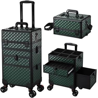 Joligrace Rolling Makeup Case with Wheels &amp; Drawers Large Professional Cosmetology Trolley Case Travel Cosmetic Storage Train Cases for Nail Technicians, Makeup Artist and Hairstylist Dark Green