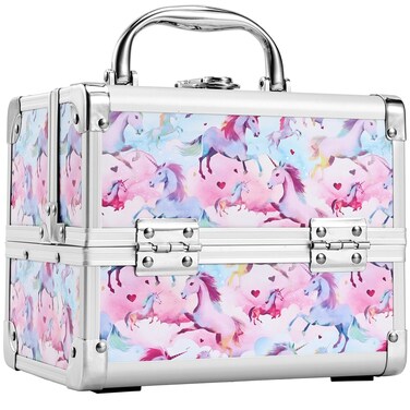 Joligrace Makeup Train Case Portable Cosmetic Box Jewelry Organizer Lockable with Keys and Mirror 2-Tier Trays for Makeup Artists Craft Nail Kits Sewing Box Traveling Makeup Storage Case Pink