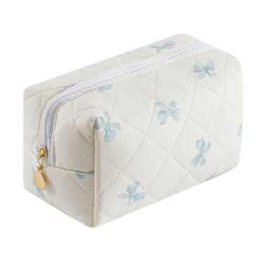JOVAKIT Square Makeup Bag Cute Cosmetic Bag for Women, Floral Coquette Aesthetic Toiletry Bag, Zipper Make Up Pouch, Travel Make Up Organizer Bag (Blue Bow Tie)