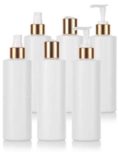 JUVITUS 8 oz / 240 ml Professional White Cylinder Bottle Set with Gold Lotion Pumps, Fine Mist Sprayers, and Disc Cap Lids -2 each (6 pack)