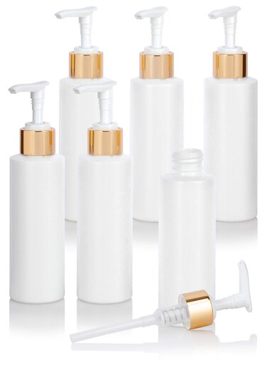 JUVITUS 4 oz / 120 ml White Plastic HDPE Refillable Cylinder Squeeze Bottle with Gold Lotion Pump (6 Pack)