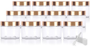 (12 Pack) 6 oz Clear PET Plastic Jar with Gold Metal Overshell Lid + Spatulas