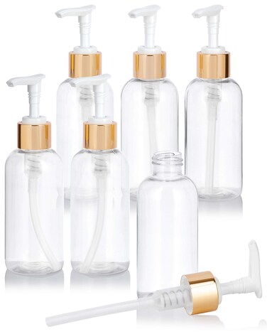 JUVITUS 4 oz / 120 ml Clear Plastic PET Boston Round Bottle (BPA Free) with Gold Lotion Pump (6 pack)