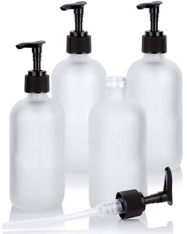 JUVITUS 8 oz / 240 ml Frosted Clear Glass Boston Round Bottle with Black Lotion Pump (4 pack)