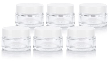 Clear Glass 0.50 oz / 15 ml Low Profile Thick Wall Balm Jars with White Smooth Foam Lined Lids (6 PACK)