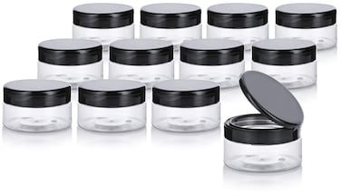 8 oz Clear PET Plastic Refillable Low Profile Jar with Flip Top Cap Lid (12 Pack)