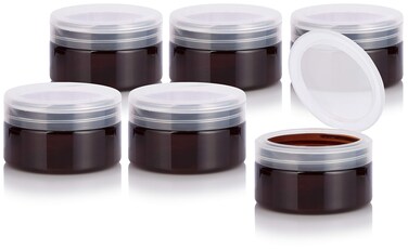 8 oz Amber PET Plastic Refillable Low Profile Jar with Clear Natural Flip Top (6 Pack)