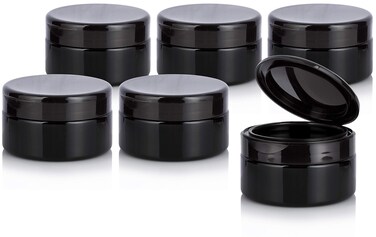 Black PET Plastic (BPA Free) Refillable Low Profile Jar with Black Flip Top Cap - 8 oz (6 Pack)