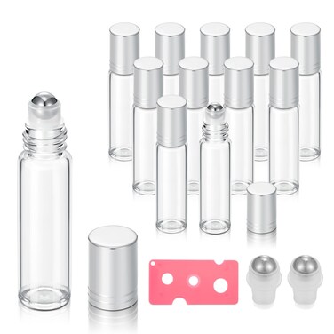 12 Pack 10ml Empty Roller Bottles for Essential Oils, Clear Glass Roller Bottles with Stainless Steel Roller Balls, Empty Refillable Leak Proof Roll on Bottles with Silver Caps (12 Pack Silver Caps)