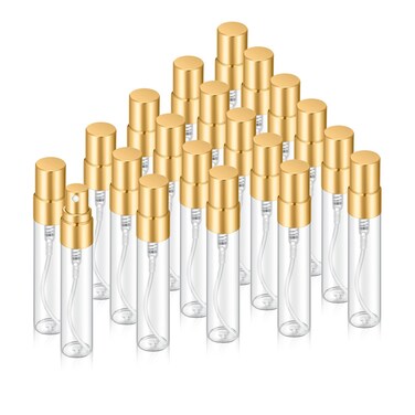 20Pcs 5ml Empty Clear Glass Mist Spray Bottle Refillable Mini Perfume Atomizer Travel Sample Bottle with Golden Aluminized Nozzle Makeup Container for Perfume (5ml Gold Caps)