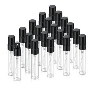 20Pcs 5ml Empty Clear Glass Mist Spray Bottle Refillable Mini Perfume Atomizer Travel Sample Bottle with Black Aluminized Nozzle Makeup Container for Perfume (5ml Black Caps)