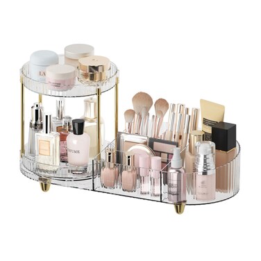 Makeup Organizer Countertop for Vanity with 360 Rotating Perfume Trays, 7-Compartment Skincare Organizers and Make Up Desk Storage, Cosmetic Organizer with Brush Holder for Bedroom Bathroom Counter