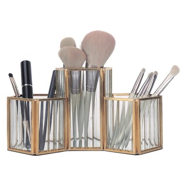 K COOL Makeup Brush Holder Organizer, 3 Slot Gold Metal Cosmetics Brushes Storage, Brushes Cup for Vanity, Desk, Dresser, Bathroom, Bedroom, Countertops, Pen Pencil Holder