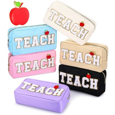 Kacctyen 6 Pcs Teacher Appreciation Gifts Teacher Bag Bulk Chenille Letter Bag Letter Patch with 6 Pcs Preppy Teacher Apple Pins for Women School Retirement Birthday